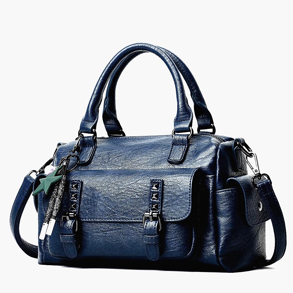 Large Capacity Crossbody Shoulder Bag in Pebbled Leather - Navy Blue