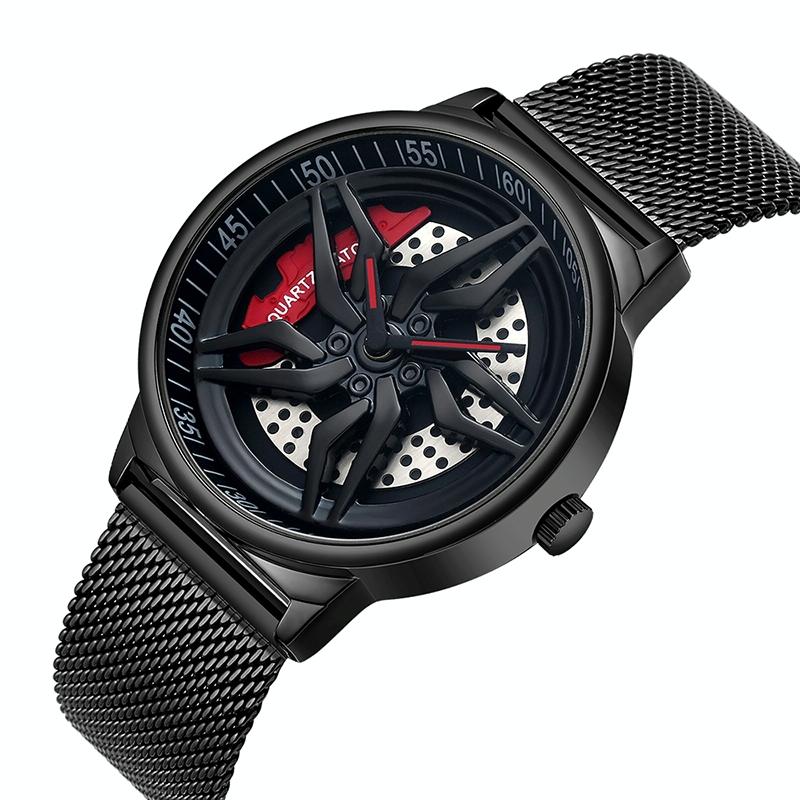 V562-B103332200ADE-202504181122-00 Men 360 Degree Hollow Dial Mesh Strap Quartz Watch - Spinning Design - Black - Image 1