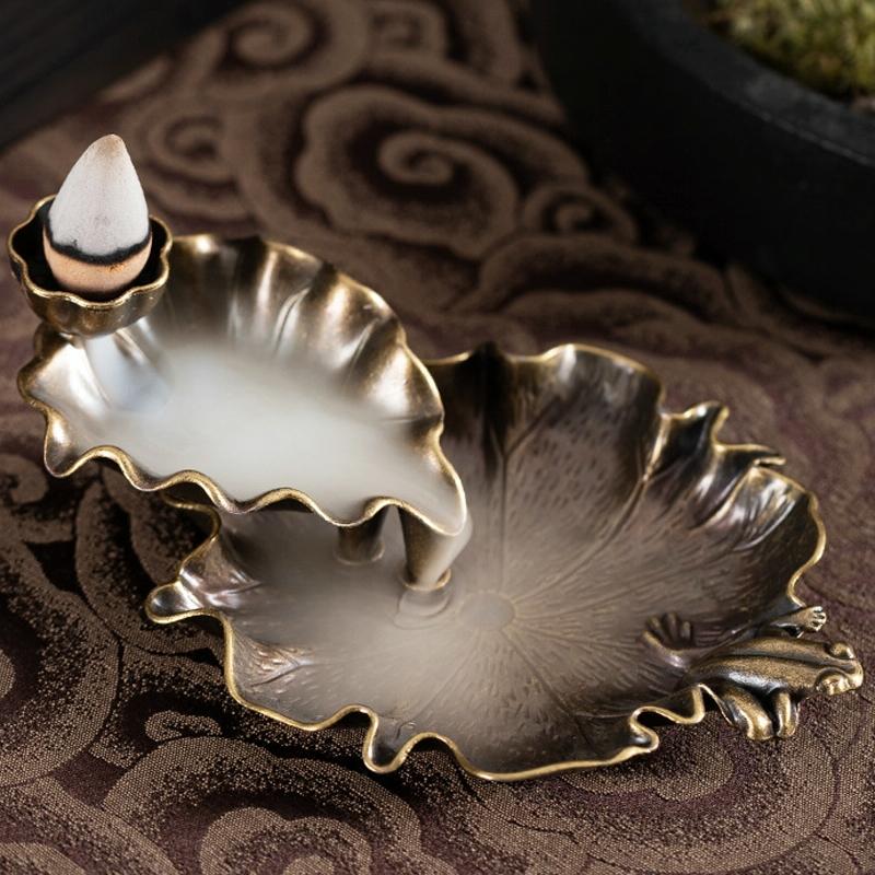 V562-B1037492060DBT-202503041659-00 Bronze Lotus Leaf Inverted Incense Burner - Antique Indoor - Bronze Colour - Image 1