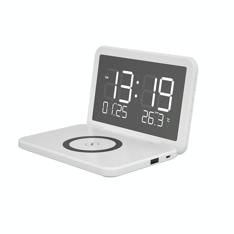 V562-B105910200ADE-202504211910-00 Foldable Desk Calendar Clock With Wireless Charger & Alarm - White - Image 1
