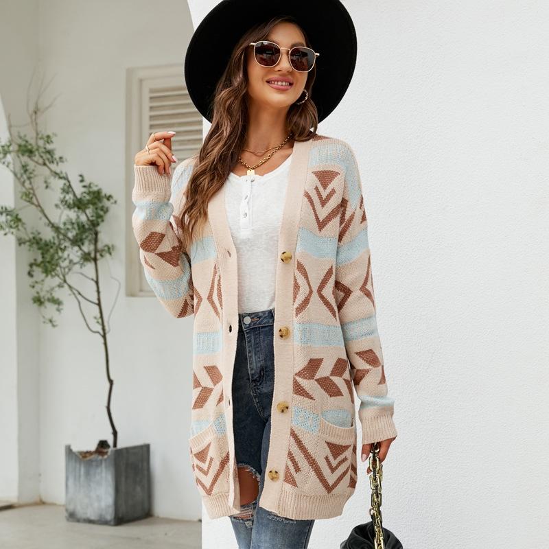 V562-B1065913060DBT-202505262017-00 Autumn And Winter Female Diamond Loose Knitted Cardigan Jacquard Medium-Length Sweater Jacket - Beige - S - Image 1