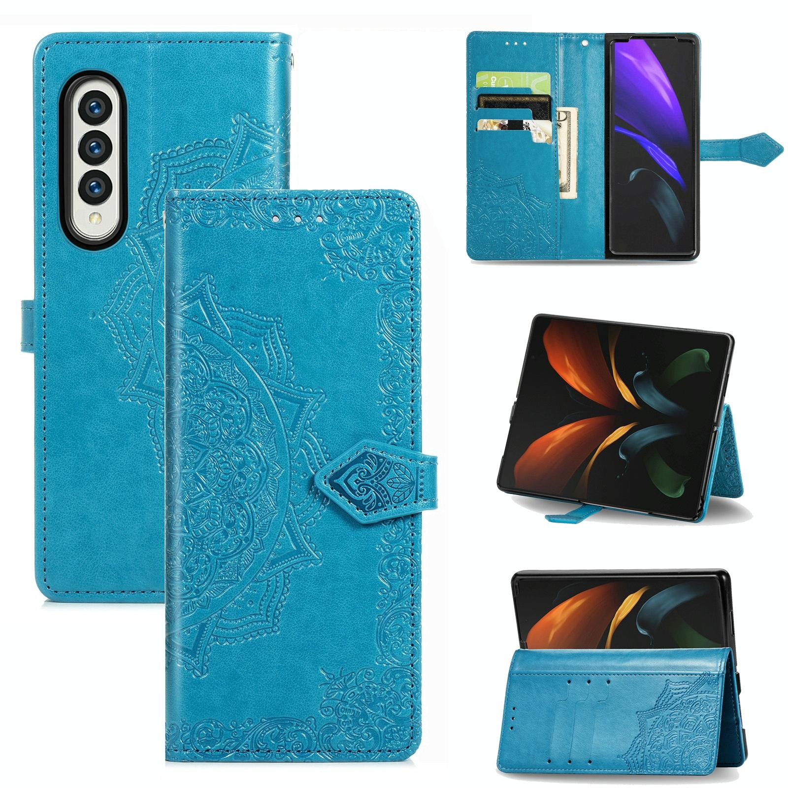 V562-B106859100AYS-202503211406-00 For Samsung Galaxy Z Fold4 5G Embossed Mandala Leather Phone Case - Blue - Image 1