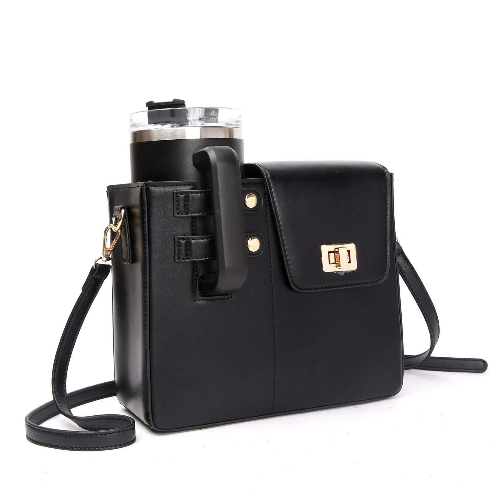 V562-B1071135060DBT-202505191722-00 Leather Shoulder Bag For Water Bottles Fits Most Brands - Black - Image 1