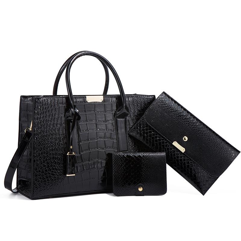 V562-B1099171060DBT-202504251521-00 Stylish 3-in-1 Snakeskin Diagonal Handbag - Fashionable and Versatile - Black - Image 1