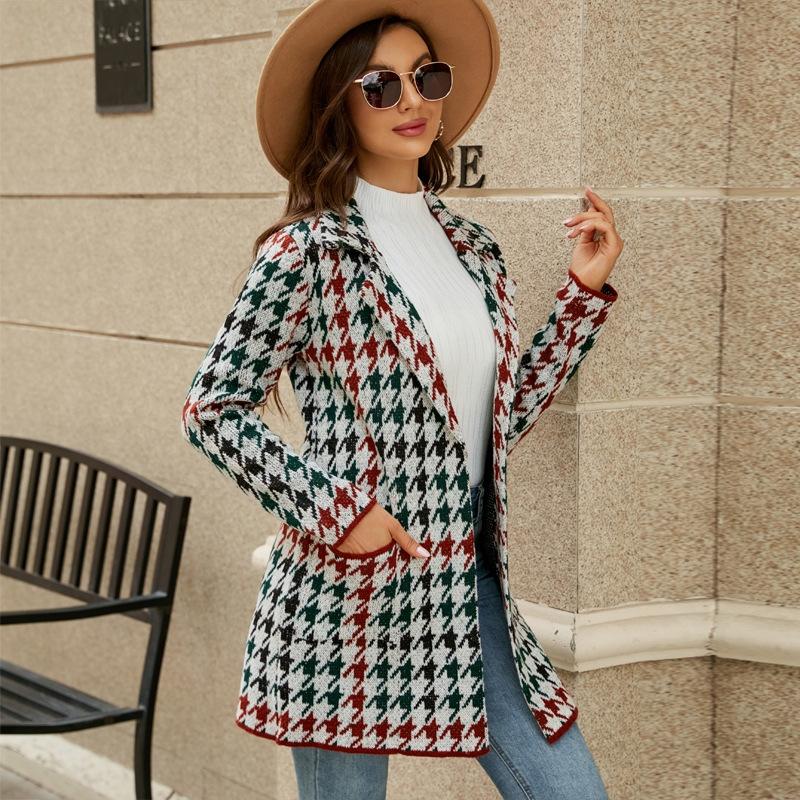 V562-B2025913060DBT-202505262025-00 Autumn And Winter Long Sweater Collision Colour Knitted Cardigan Trench Coat - Houndstooth - M - Image 1