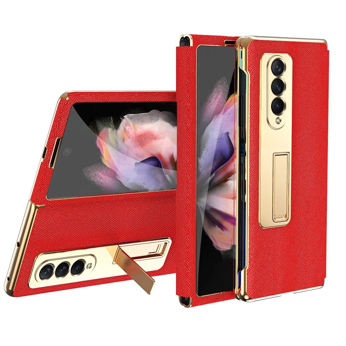 V562-B209994300ADE-202505291228-00 For Samsung Galaxy Z Fold4 5G Flip Case With Tempered Film - Textured Hinge - Red - Image 1