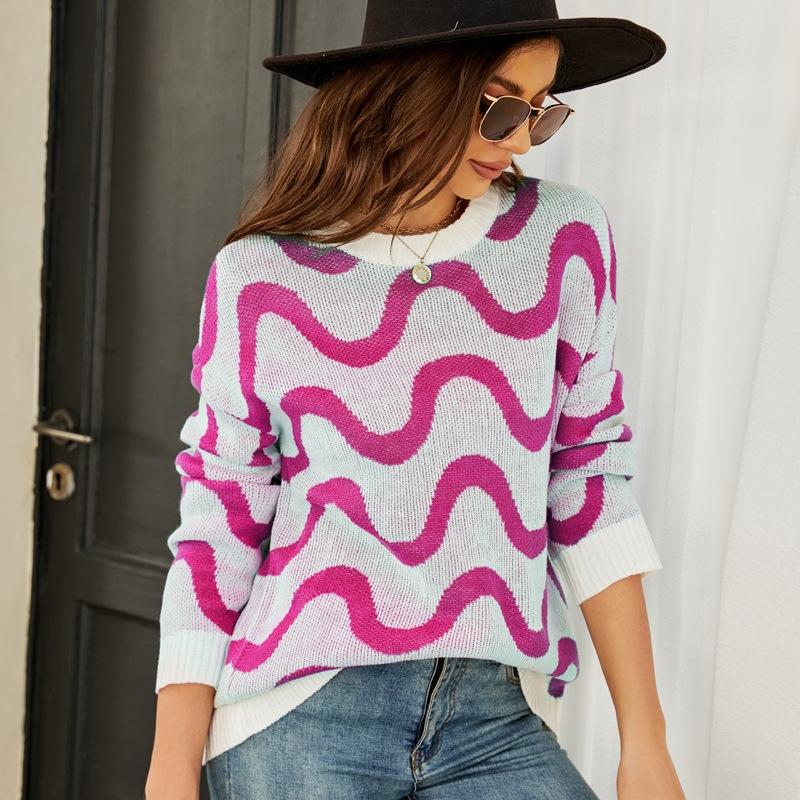 V562-B3018123060DBT-202505261923-00 Women Casual Pullover Sweater Round Neck Wave Pattern Collision Colour Knitted Sweater - Size L Black - Pink - Image 1