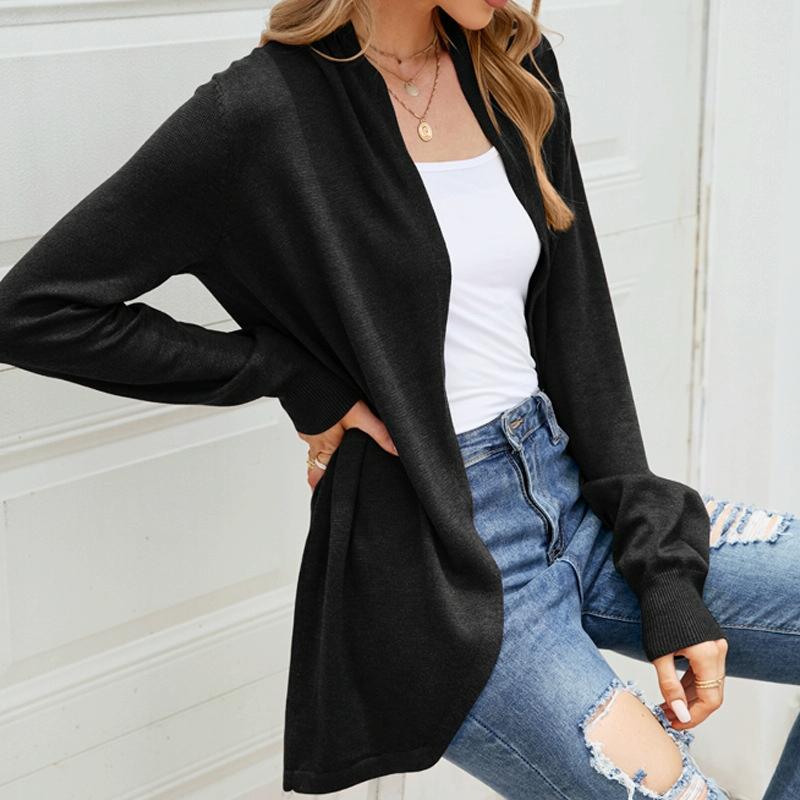 V562-B3055913060DBT-202505262016-00 Women Mid-Length Sweater Jacket Temperament Loose Knitted Cardigan - Black - L - Image 1