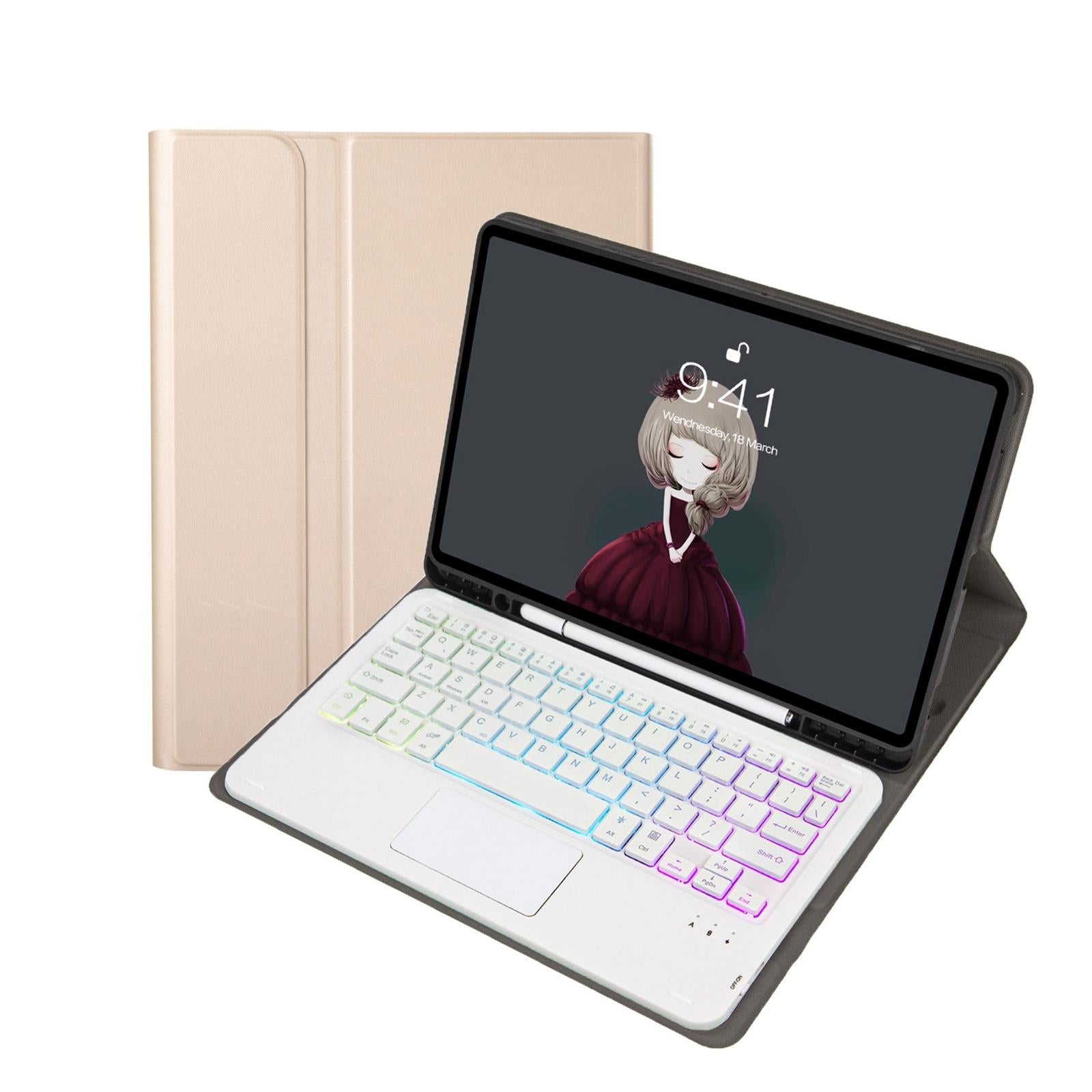 V562-B308510300ADE-202504291936-00 Bluetooth Keyboard Leather Case For Ipad Air / Pro 11 - Touch Pad Backlight Pen Slot - Gold - Image 1