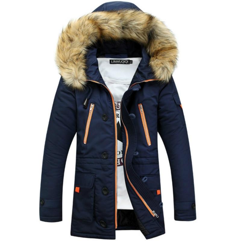 V562-B6033631140DBT-202505262037-00 Long Section Cotton Suit Men Plus Velvet Thick Warm Jacket Large Fur Collar Coat Lovers Jacket - Size Xxxl - Navy - Image 1