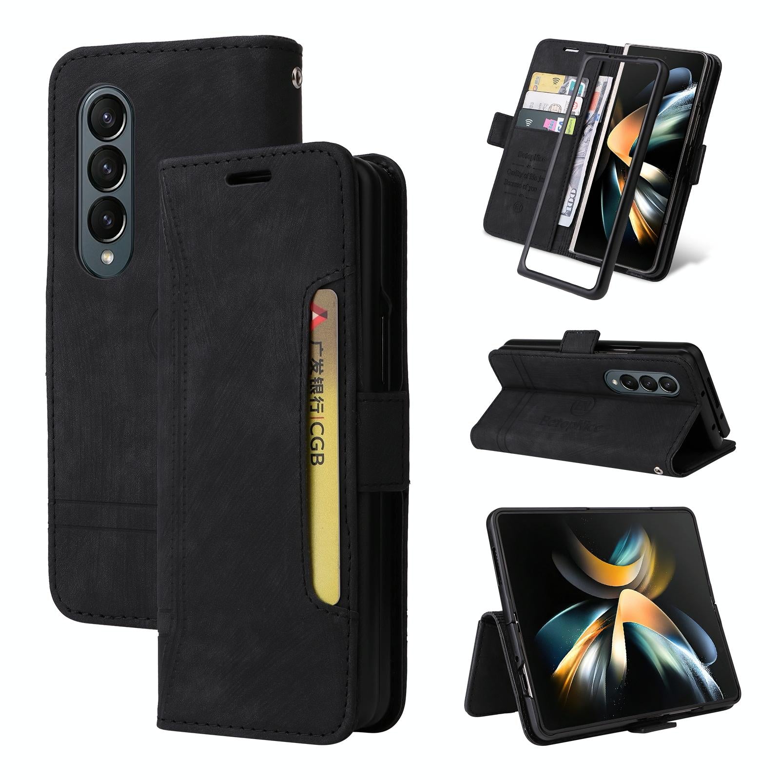 V562-B608927300ADE-202505221917-00 For Samsung Galaxy Z Fold4 5G Leather Dual Buckle Phone Case - Black - Image 1