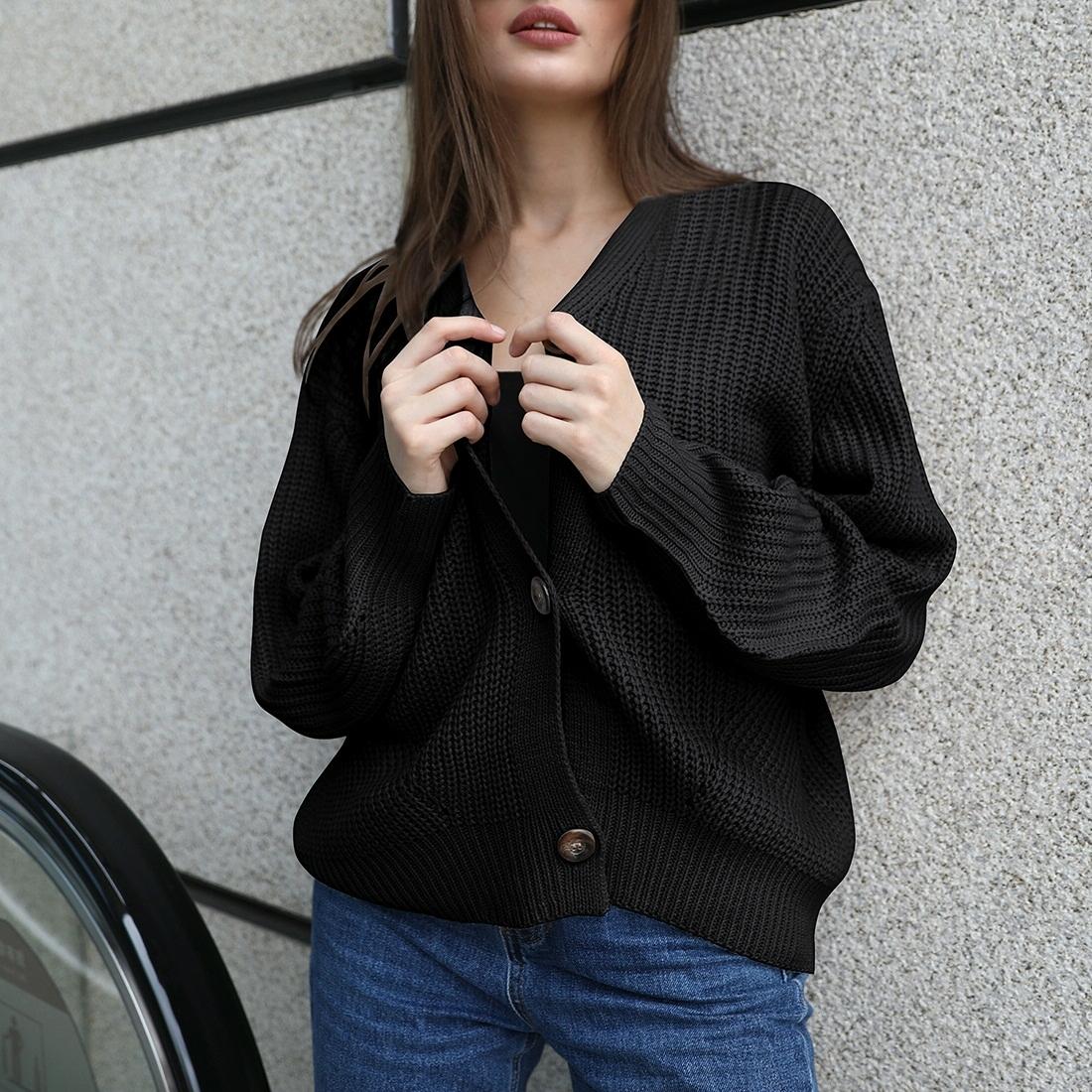 V562-BA71221722YZ-202505261948-00 Fashion Cardigan Solid Colour Knit Button Sweater Black - Black M - Image 1
