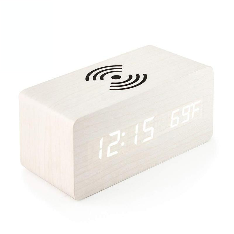 V562-C100587100ADE-202504212028-00 5W Wooden Wireless Charger With Led Mirror Display And Sub Alarm Clock - White Wood - Image 1