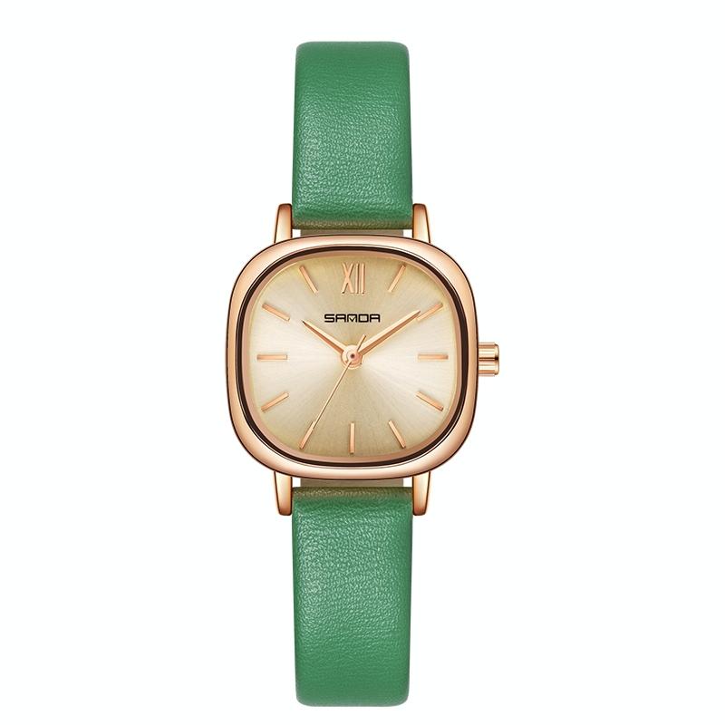 V562-C102010200ADE-202502241730-00 Women Oval Dial Quartz Watch with Simple Bar Scale - Belt Green - Image 1