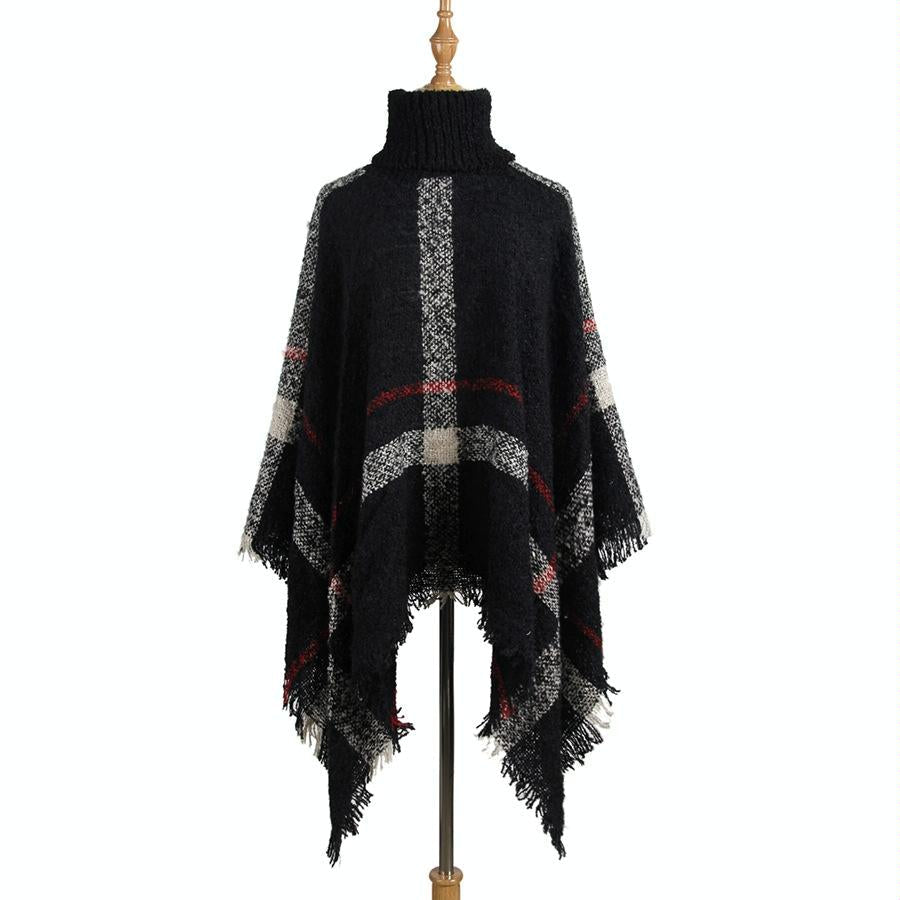 V562-C1051504450DBT-202505262026-00 Women Mid-Length Turtleneck Sweater Fringed Cloak Shawl - Size Free Size - Black - Image 1