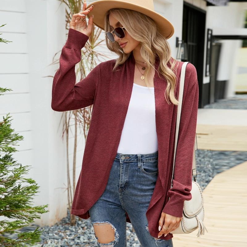 V562-C1055913060DBT-202505262017-00 Women Mid-Length Sweater Jacket Temperament Loose Knitted Cardigan - Wine Red - S - Image 1