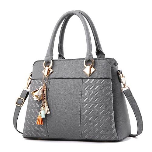 V562-C1060205910DBT-202504251730-00 Simple Style Women Leather Crossbody Bag with Tassel Embroidery - Gray - Image 1