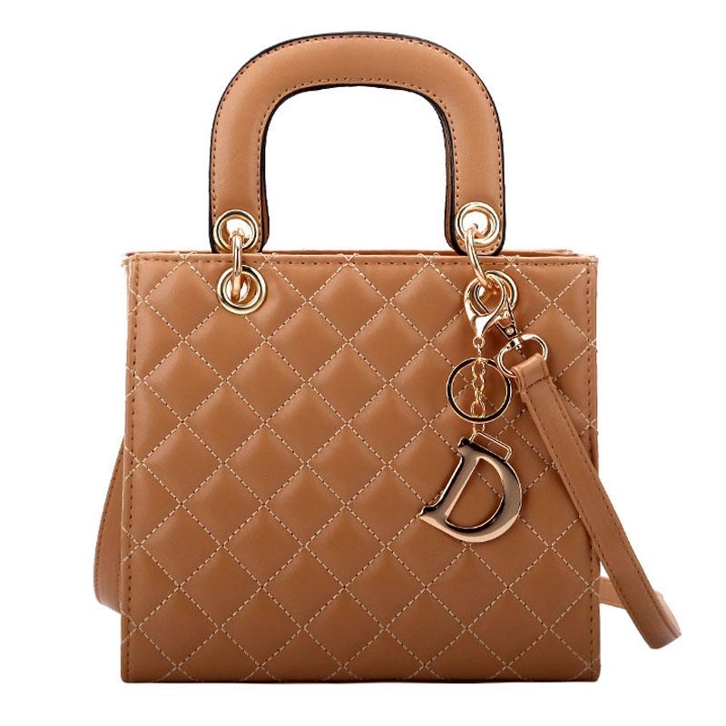 V562-C1069414060DBT-202503041315-00 Leather Crossbody Bag with Rhombus Pattern for Women - Brown - Image 1
