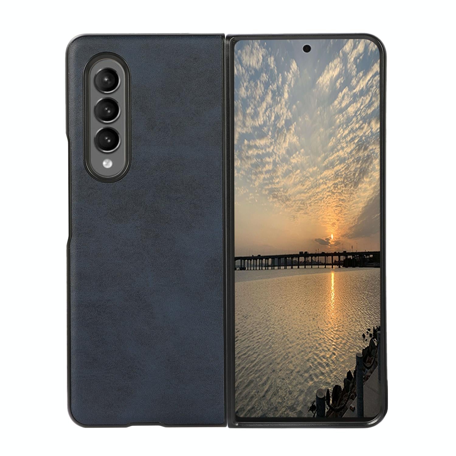 V562-C107370300ADE-202505291327-00 For Samsung Galaxy Z Fold4 5G Dual Tone Calf Texture Shockproof Case - Blue - Image 1