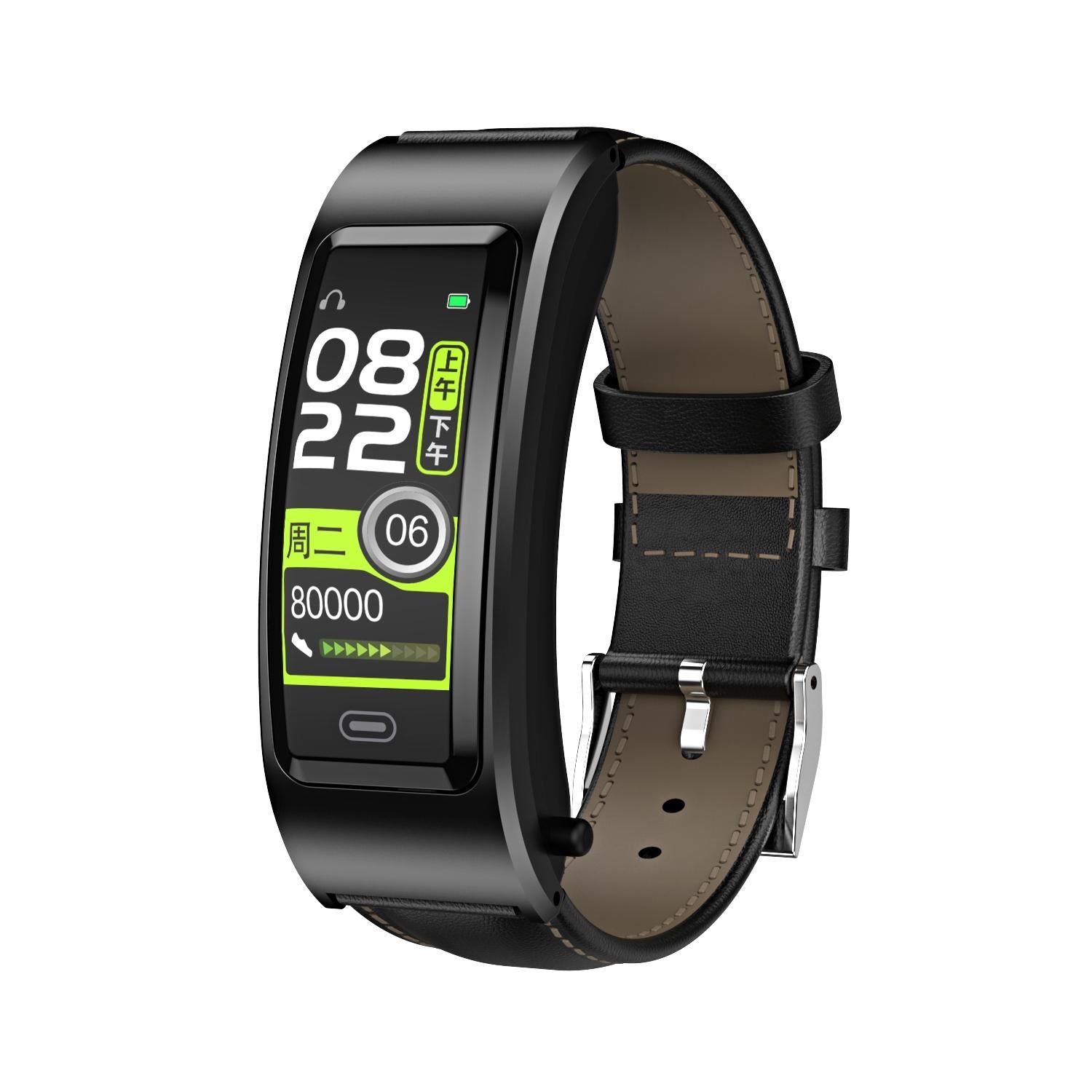 V562-C107755400ADE-202505271123-00 Bluetooth Sleep Heart Monitor Bracelet - B7 - Black + Black Leather Belt - Image 1