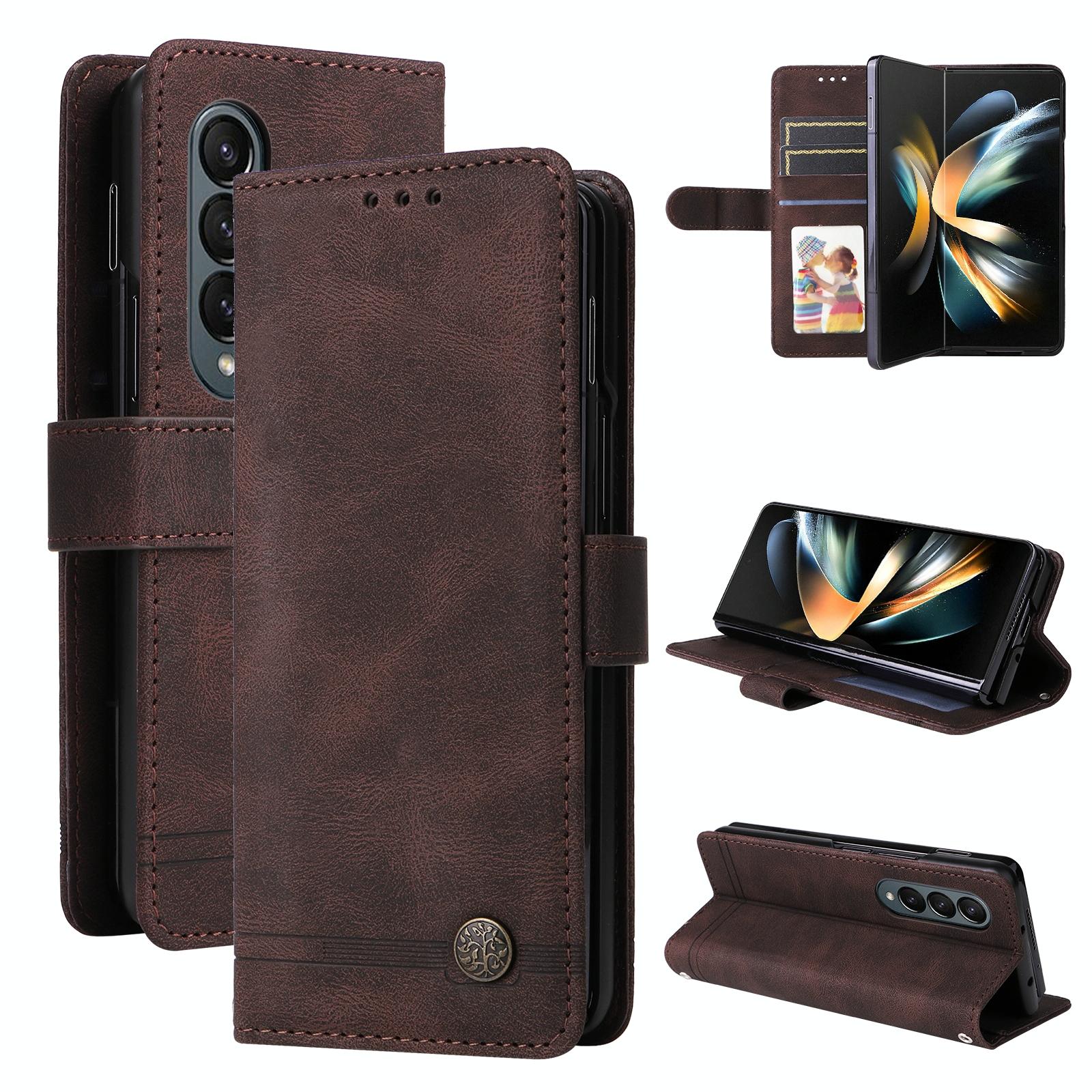 V562-C201373400ADE-202503211346-00 For Samsung Galaxy Z Fold4 5G Metal Button Leather Case - Tree Design - Brown - Image 1