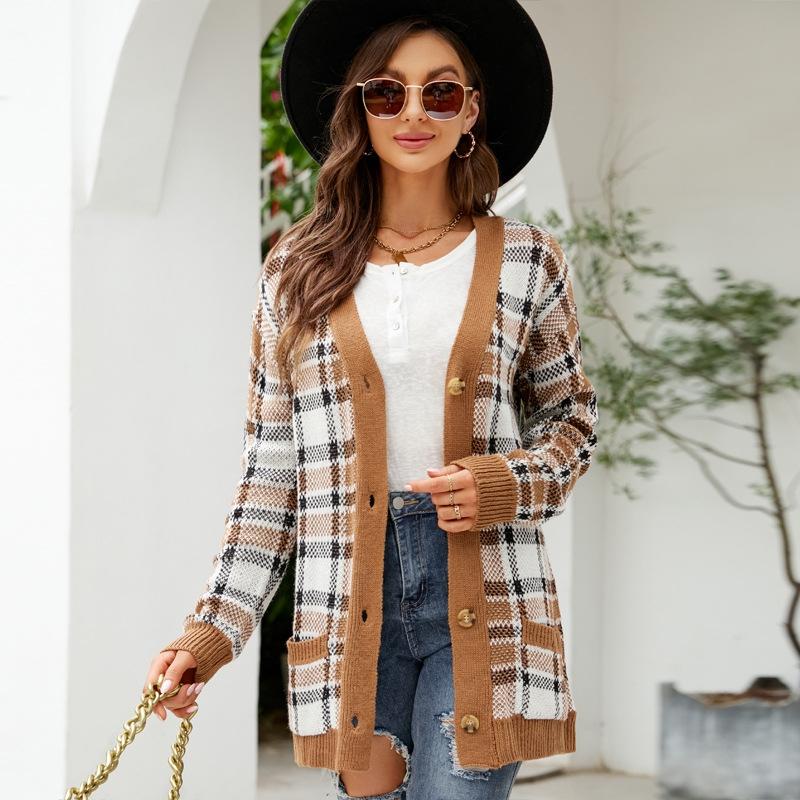 V562-C2065913060DBT-202505262018-00 Autumn And Winter Female Diamond Loose Knitted Cardigan Jacquard Medium-Length Sweater Jacket - Brown - M - Image 1