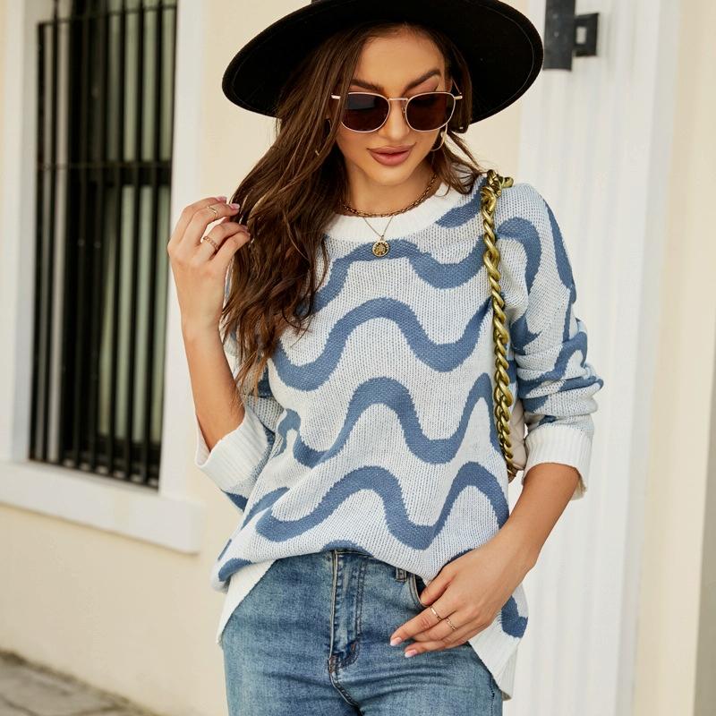 V562-C3018123060DBT-202505261925-00 Women Casual Pullover Sweater Round Neck Wave Pattern Collision Colour Knitted Sweater - Size L Black - Blue - Image 1