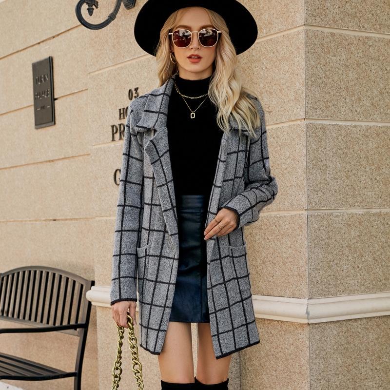 V562-C3025913060DBT-202505262022-00 Autumn And Winter Long Sweater Collision Colour Knitted Cardigan Trench Coat - Dark Grey - L - Image 1