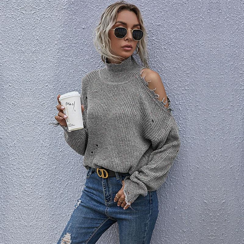 V562-C308937300ADE-202505261921-00 Ladies Loose Off Shoulder Ripped Long-Sleeved Turtleneck Autumn Knitted Sweater - Dark Grey - L - Image 1