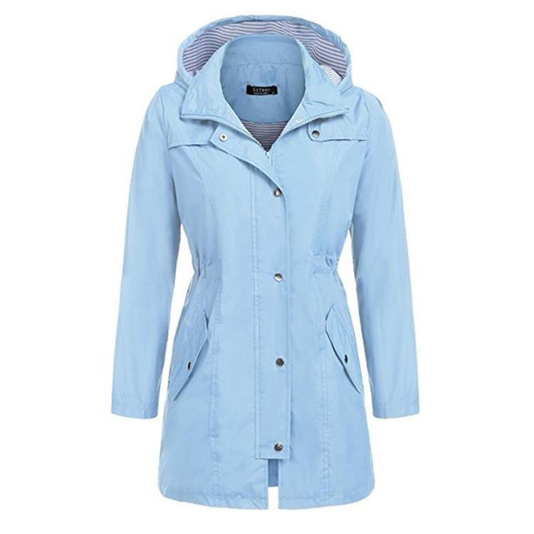 V562-C4057898730DBT-202505262032-00 Casual Women Waterproof Waist Hooded Long Coat - Size XL - Sky Blue - Image 1