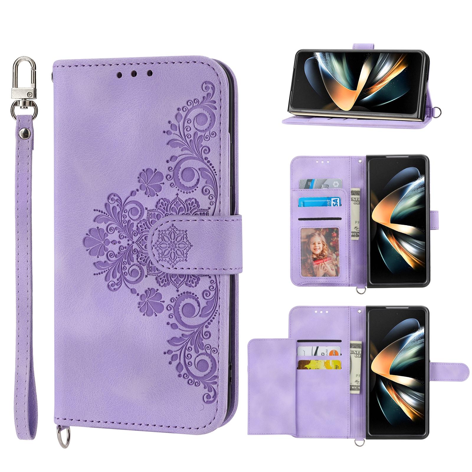 V562-C407558300ADE-202503211335-00 For Samsung Galaxy Z Fold4 5G Floral Leather Phone Wallet - Embossed - Purple - Image 1