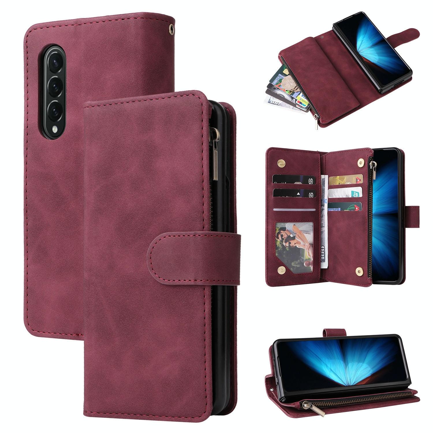 V562-C939300600ADE-202503211506-00 For Samsung Galaxy Z Fold4 5G Frosted Leather Zip Wallet - Compact And Stylish - Wine Red - Image 1
