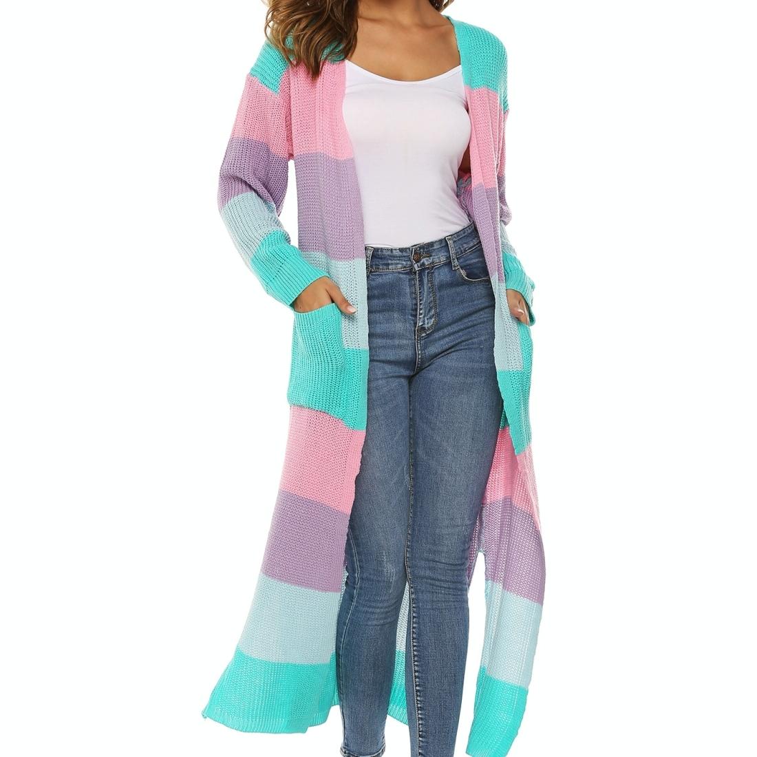V562-CA31628542YZ-202505262021-00 Contrast Striped Knit Sweater Blue Pink - L - Blue Pink L - Image 1