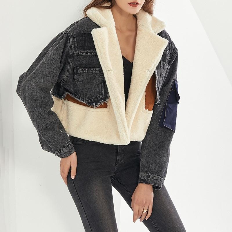 V562-CA83216185YZ-202505262031-00 Plush Thick Denim Stitching Lamb Fur Lapel Cotton Jacket - Black L - Image 1