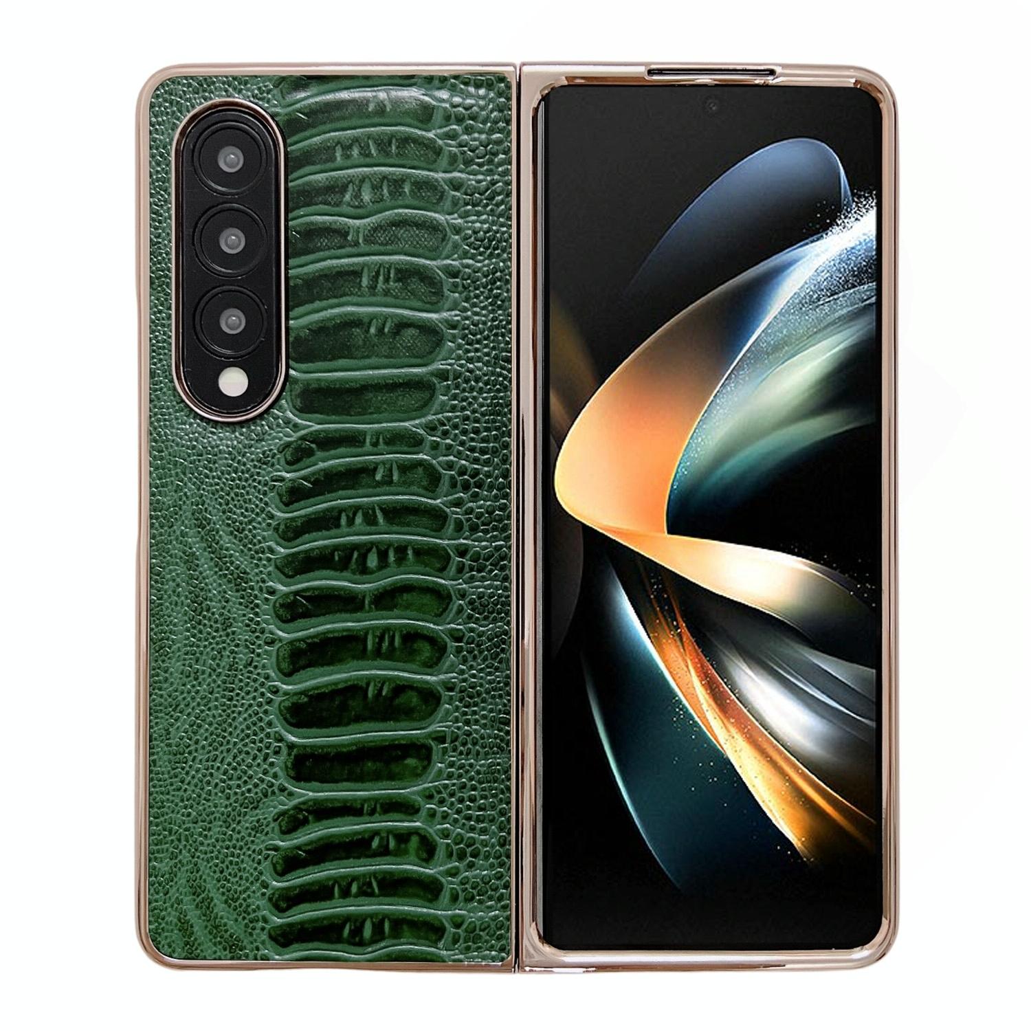 V562-D101086300ADE-202505221942-00 For Samsung Galaxy Z Fold4 5G Genuine Leather Nano Plating Phone Case - Green - Image 1