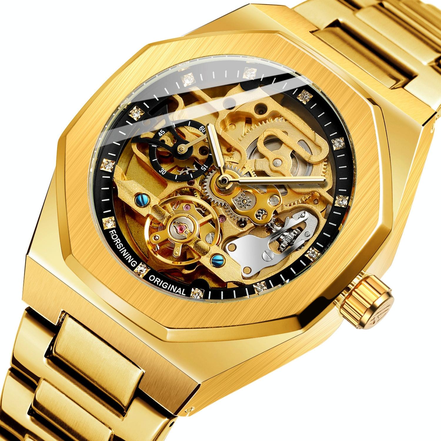 Men Automatic Mechanical Watch with Luminous Dial and Steel Band - Gold Belt Black Face