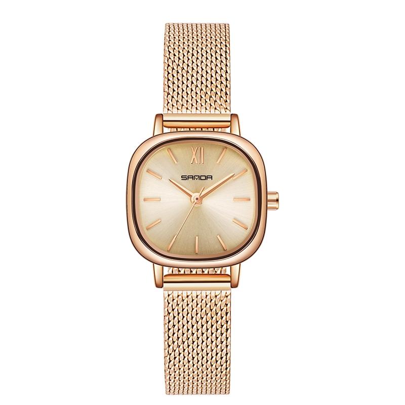V562-D102010200ADE-202502241730-00 Women Oval Dial Quartz Watch with Simple Bar Scale - Mesh Belt Rose Gold - Image 1