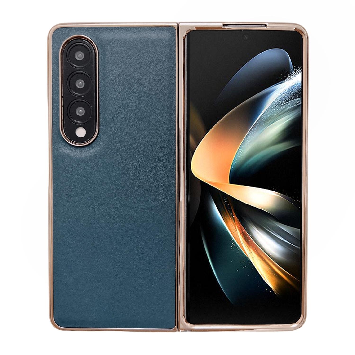 V562-D104086300ADE-202505291341-00 For Samsung Galaxy Z Fold4 5G Xiaoya Series Genuine Leather Plating Case - Dark Green - Image 1