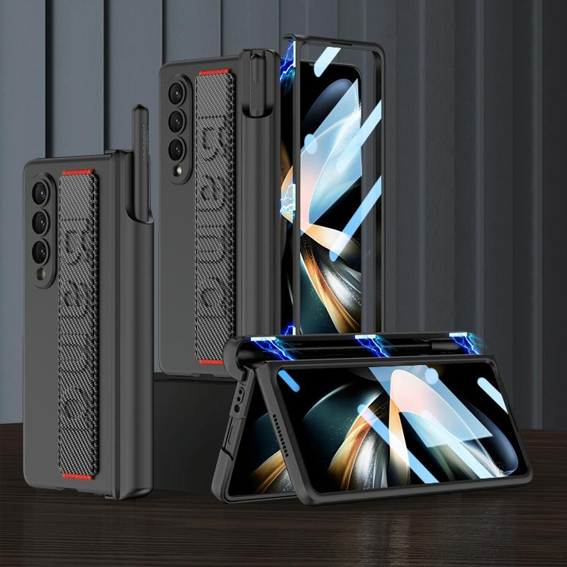 V562-D104579300ADE-226955-00 For Samsung Galaxy Z Fold4 5G Shockproof Magnetic Fold Case With Wrist Strap - Carbon Fibre - Image 1