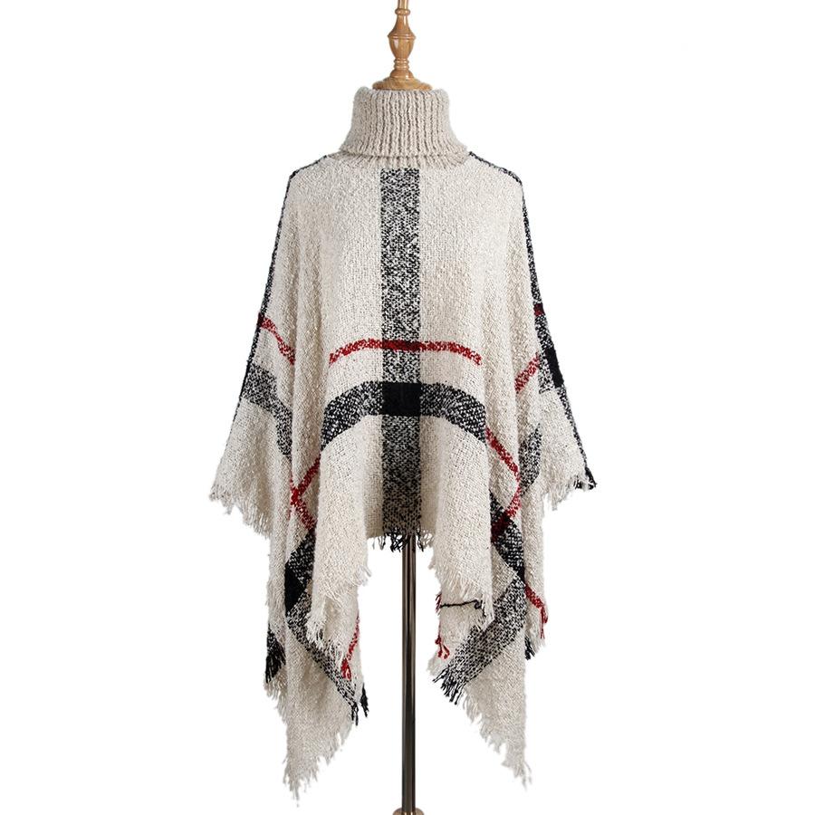 V562-D1051504450DBT-202505262027-00 Women Mid-Length Turtleneck Sweater Fringed Cloak Shawl - Size Free Size - Beige - Image 1