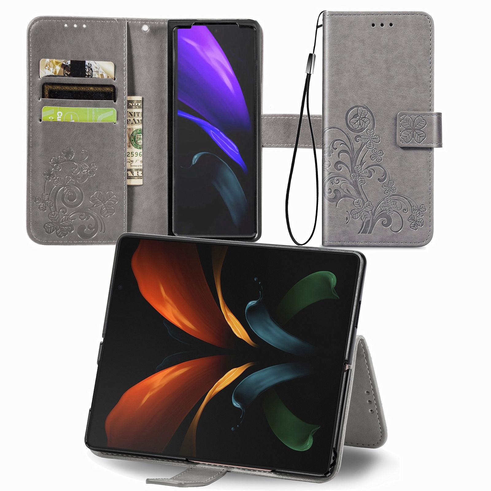 V562-D105859100AYS-202503211416-00 For Samsung Galaxy Z Fold4 5G Embossed Leather Phone Case With Four Leaf Clasp - Gray - Image 1