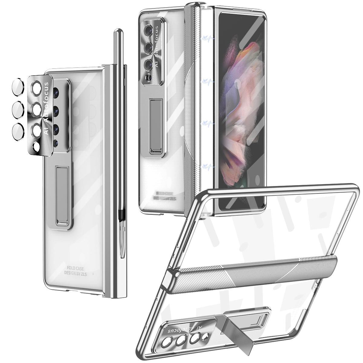 V562-D106553400ADE-202505221932-00 For Samsung Galaxy Z Fold4 5G Magnetic Phone Case With Holder - Plating Finish - Silver - Image 1