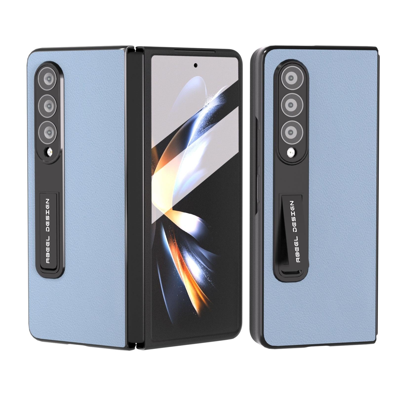 V562-D200986400ADE-202503211316-00 For Samsung Galaxy Z Fold4 5G Leather Phone Case With Holder - Wave Design - Blue - Image 1