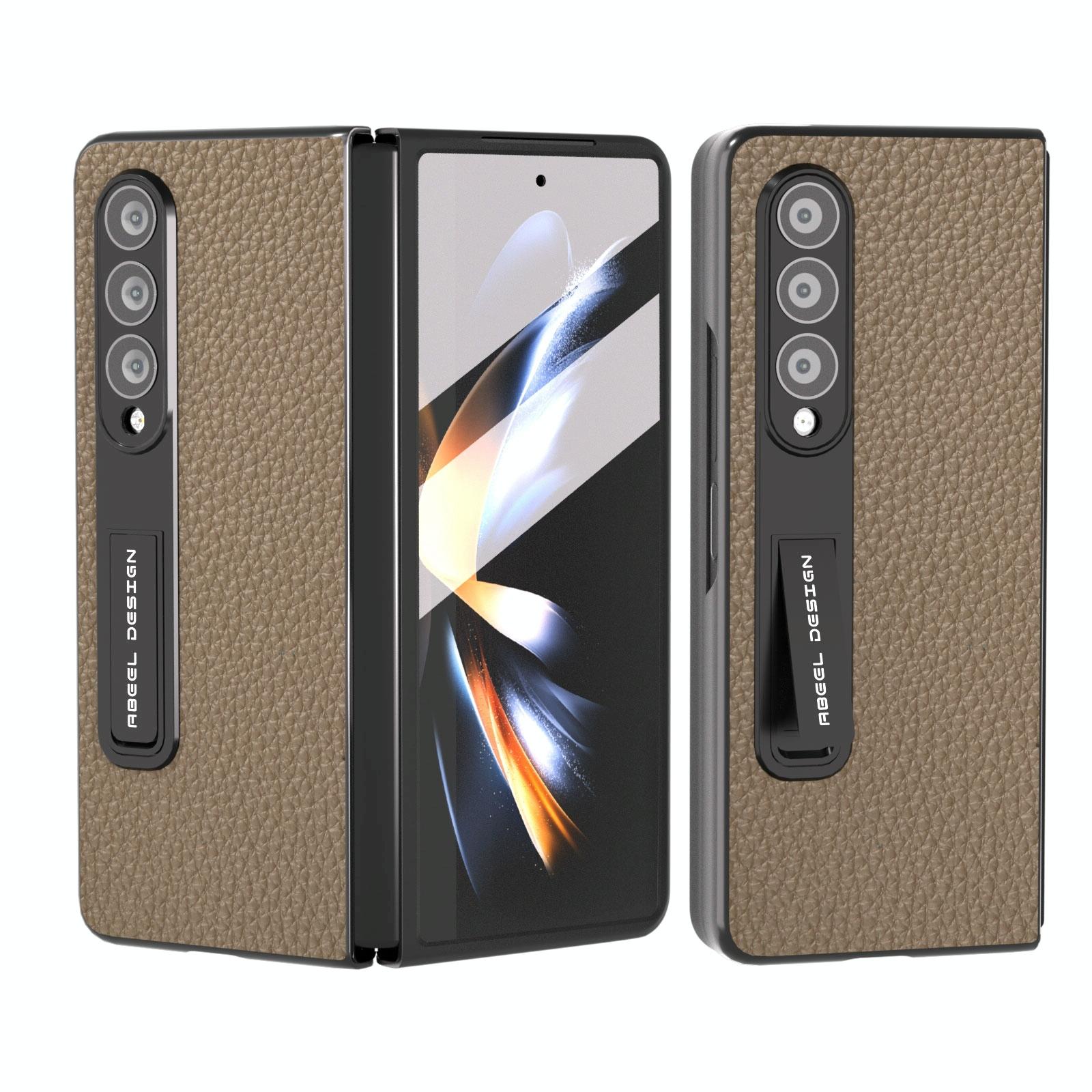 V562-D203807400ADE-202505221905-00 For Samsung Galaxy Z Fold4 5G Leather Phone Case With Holder - Litchi Texture - Grey - Image 1