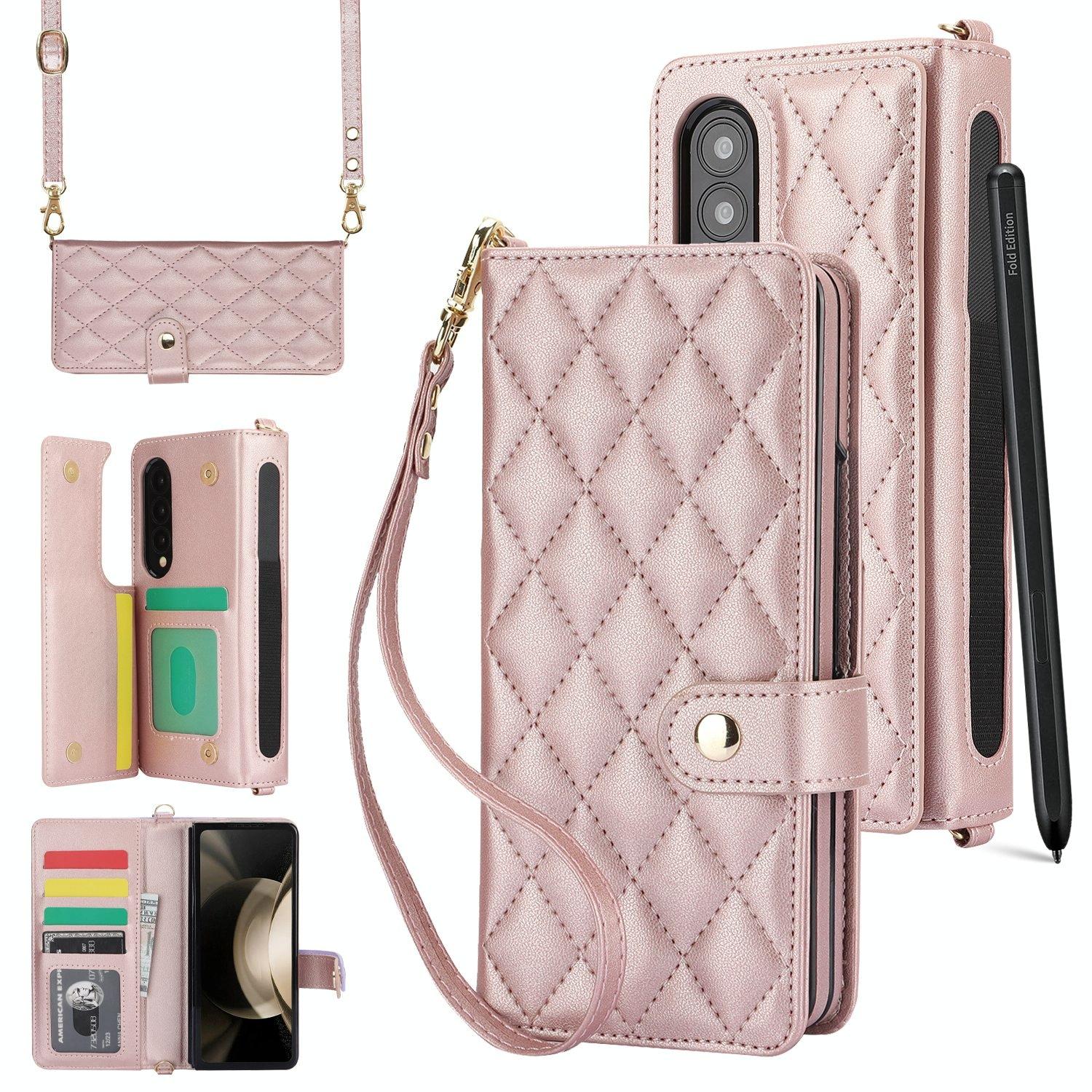 V562-D205225600ADE-202504292047-00 For Samsung Galaxy z Fold4 5G Multifunctional Rhombic Leather Crossbody Phone Case - Rose Gold - Image 1