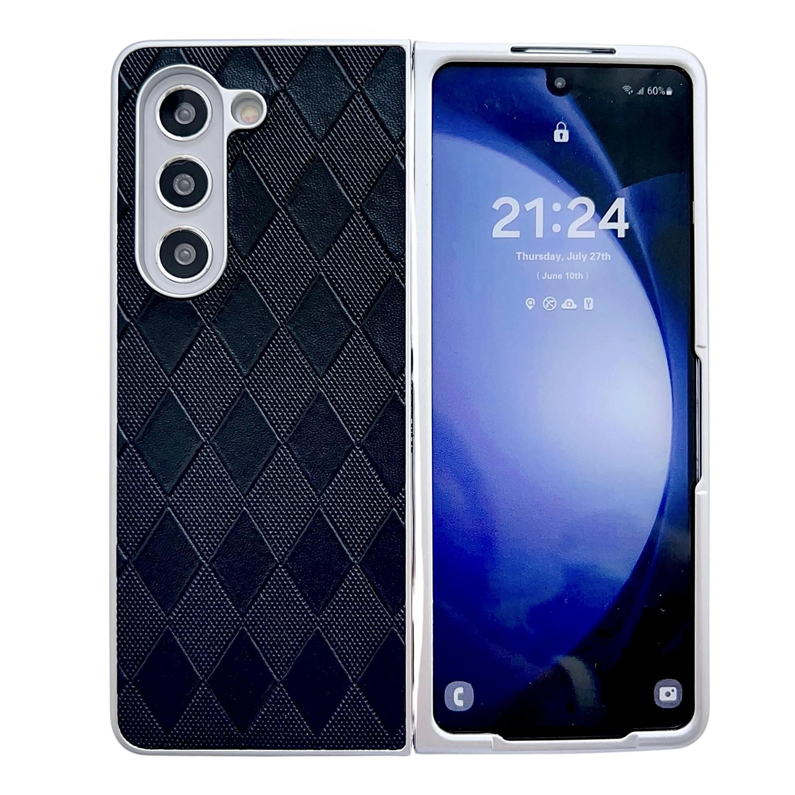 V562-D206712600ADE-202505221923-00 For Samsung Galaxy Z Fold4 5G Checkered Leather Phone Case With Pearlescent Finish - Black - Image 1