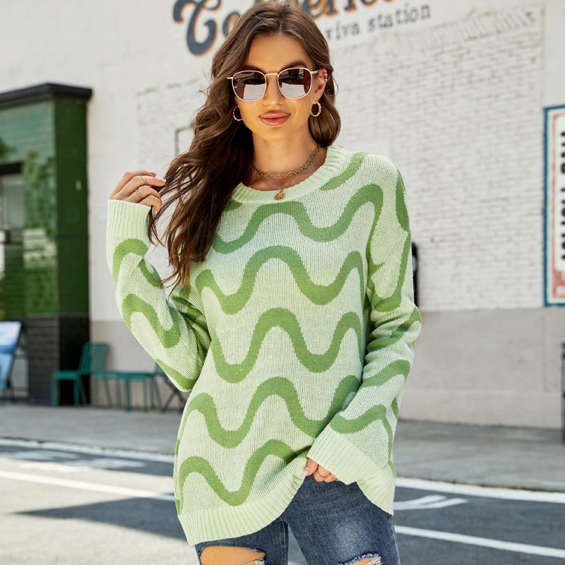 V562-D3018123060DBT-202505261925-00 Women Casual Pullover Sweater Round Neck Wave Pattern Collision Colour Knitted Sweater - Size L Black - Green - Image 1