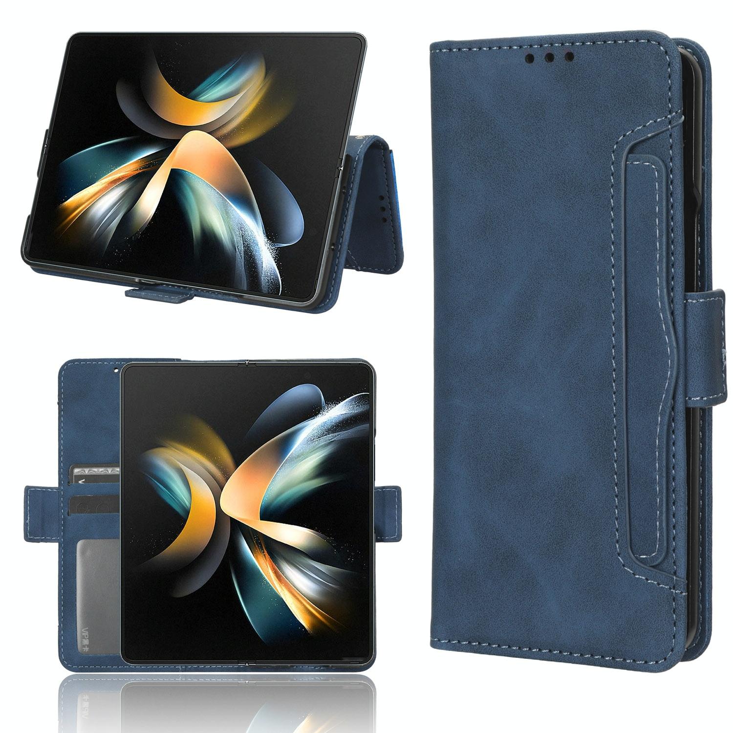 For Samsung Galaxy Z Fold4 5G Leather Phone Case With Card Slots And Calf Texture - Blue