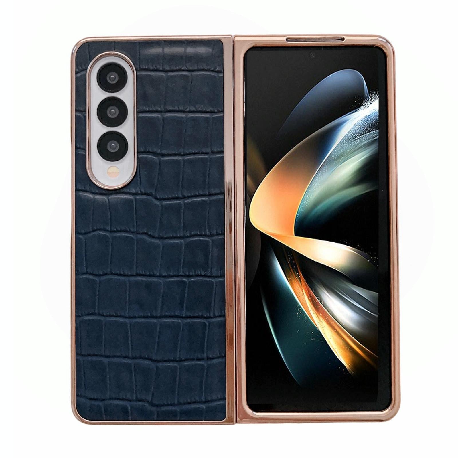 V562-D904538300ADE-202505221848-00 For Samsung Galaxy Z Fold4 5G Crocodile Leather Phone Case - Electroplated - Blue - Image 1