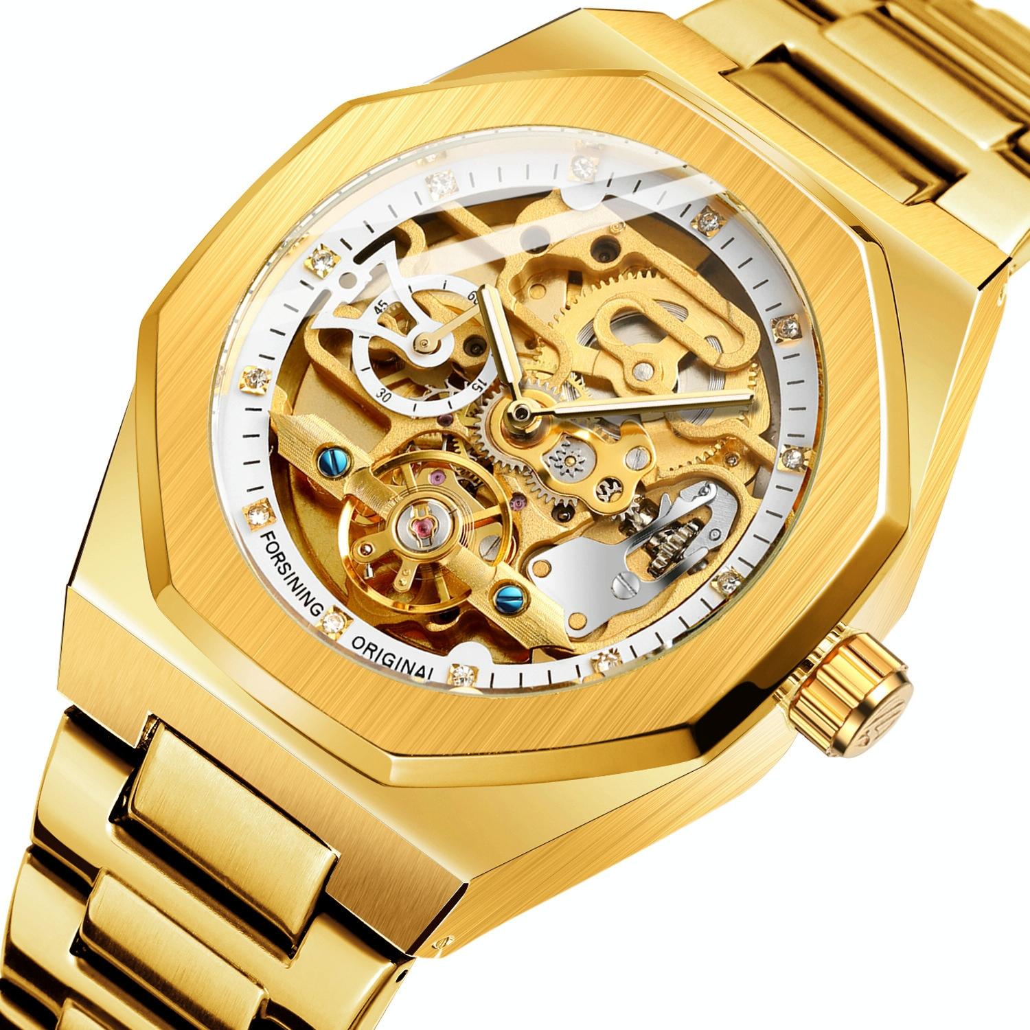 Men Automatic Mechanical Watch with Luminous Dial and Steel Band - Gold Belt White Face